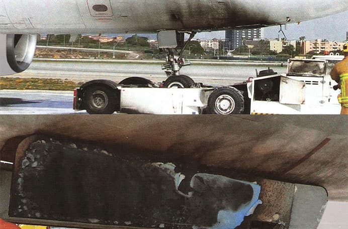 Service team working on an aircraft with fire damage